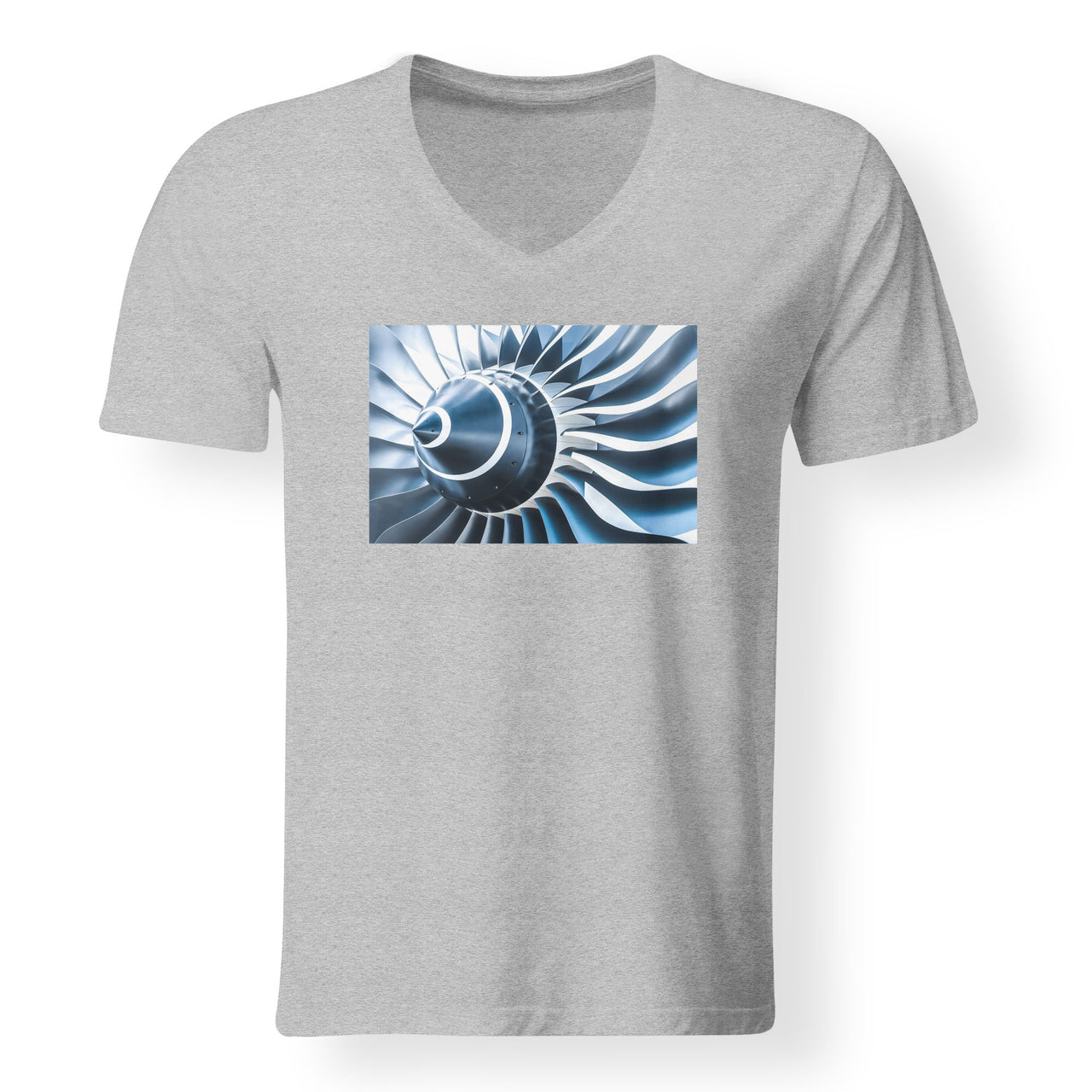 Blue Toned Super Jet Engine Blades Closeup Designed V-Neck T-Shirts