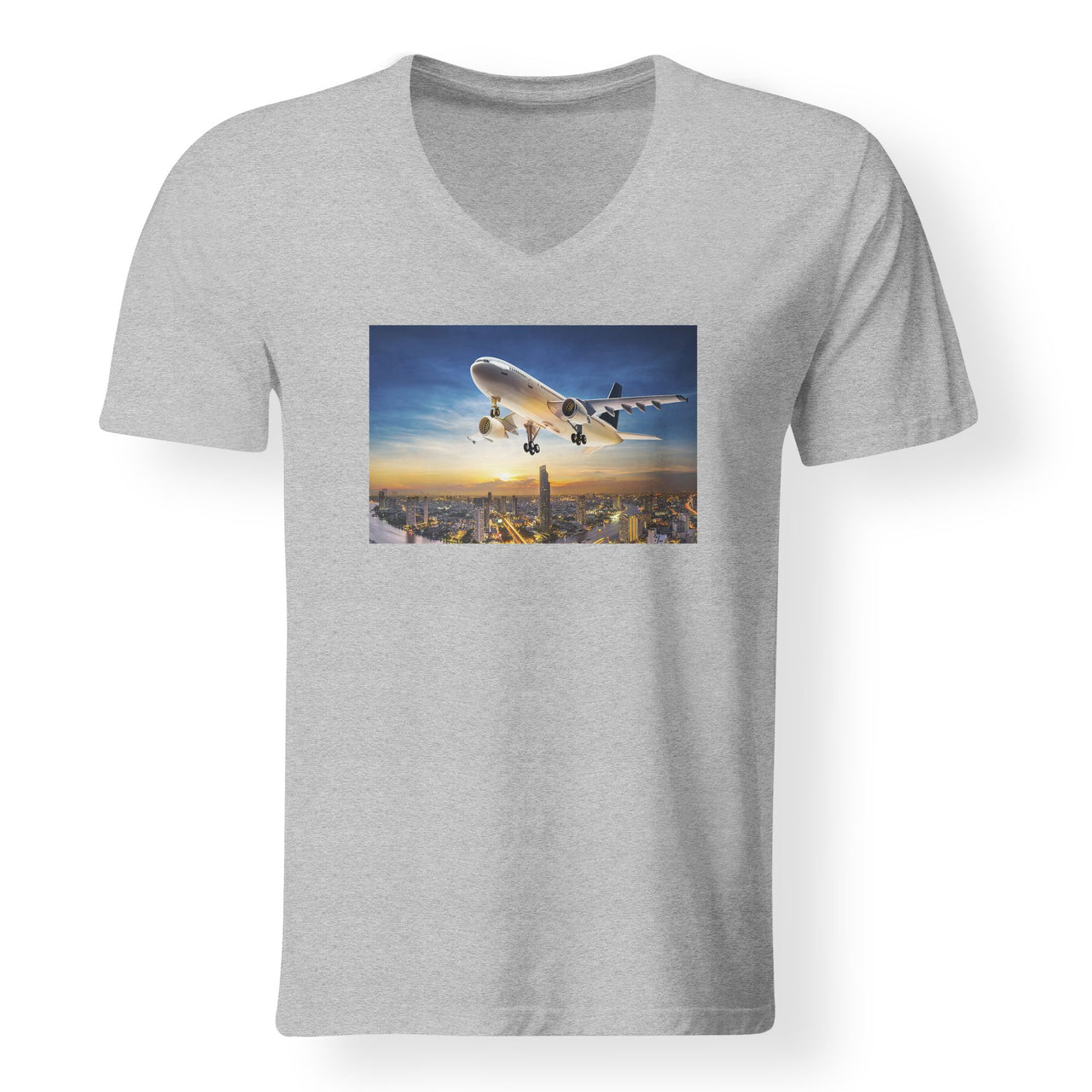 Super Aircraft over City at Sunset Designed V-Neck T-Shirts