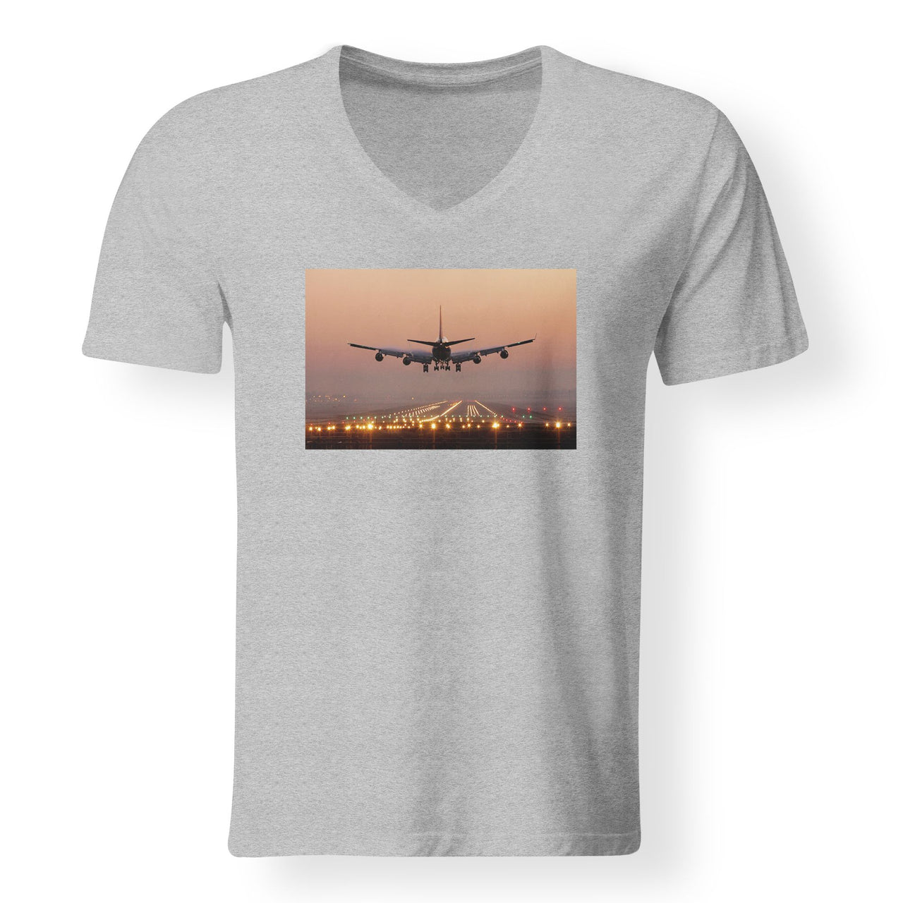 Landing Boeing 747 During Sunset Designed V-Neck T-Shirts