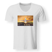 Thumbnail for Amazing Departing Aircraft Sunset & Clouds Behind Designed V-Neck T-Shirts