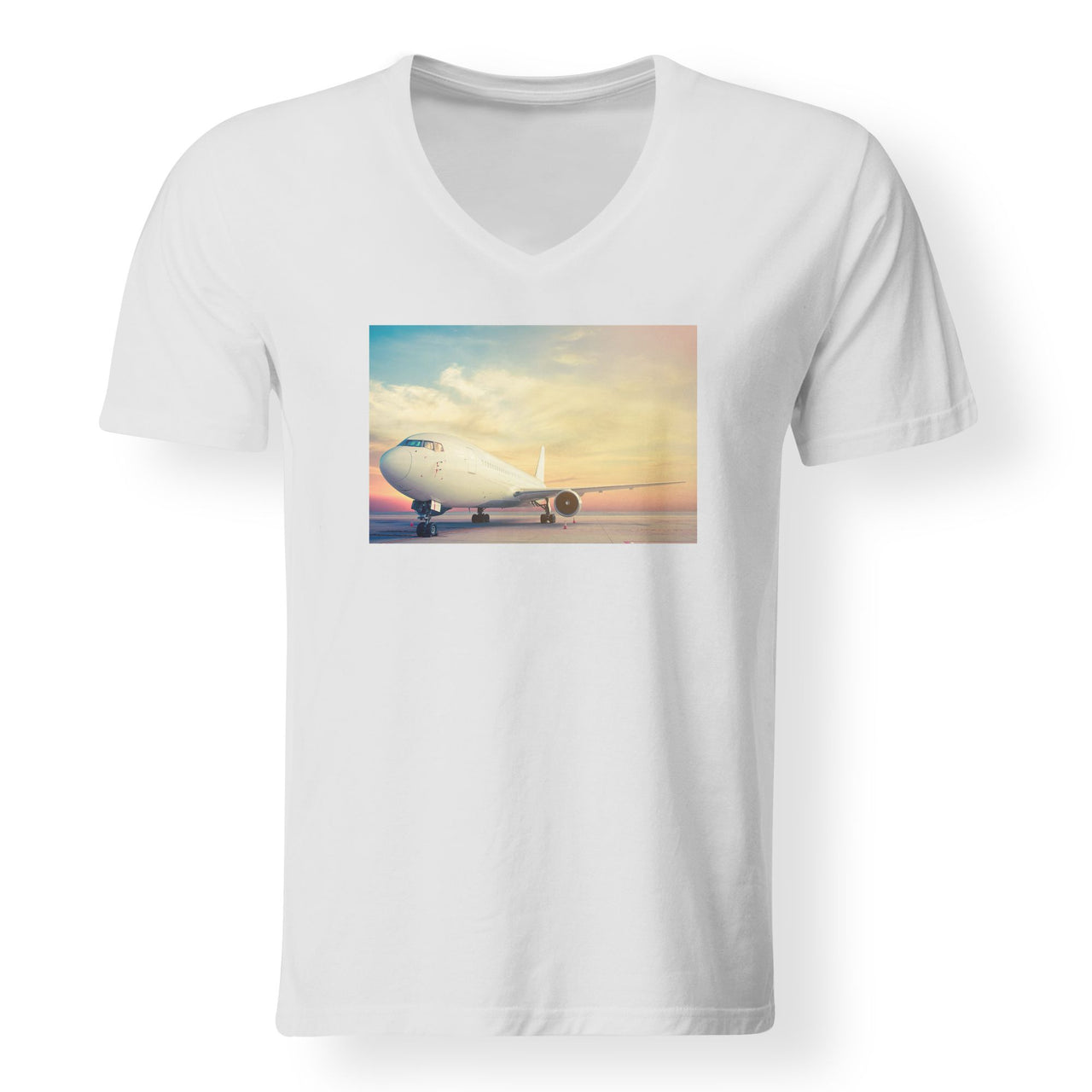 Parked Aircraft During Sunset Designed V-Neck T-Shirts