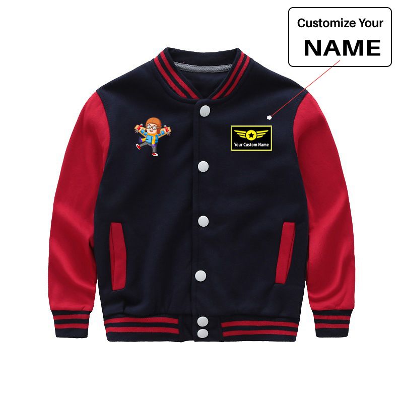 Cute Little Boy Pilot Costume Playing With Wings Designed "CHILDREN" Baseball Jackets
