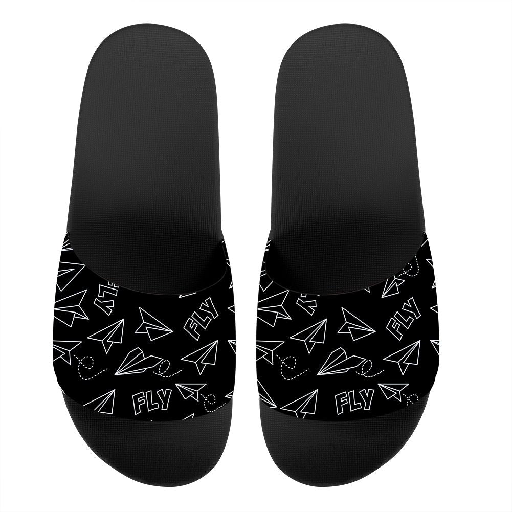 Paper Airplane & Fly Black Designed Sport Slippers