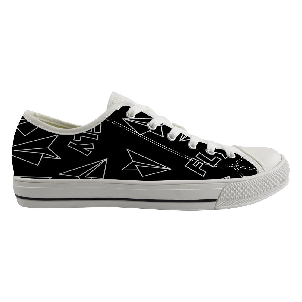 Paper Airplane & Fly Black Designed Canvas Shoes (Women)