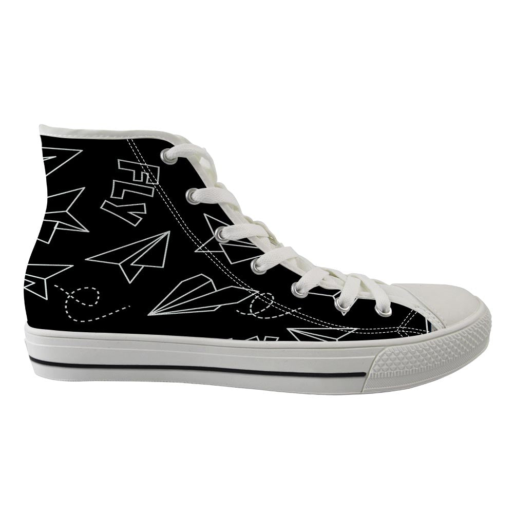 Paper Airplane & Fly Black Designed Long Canvas Shoes (Women)