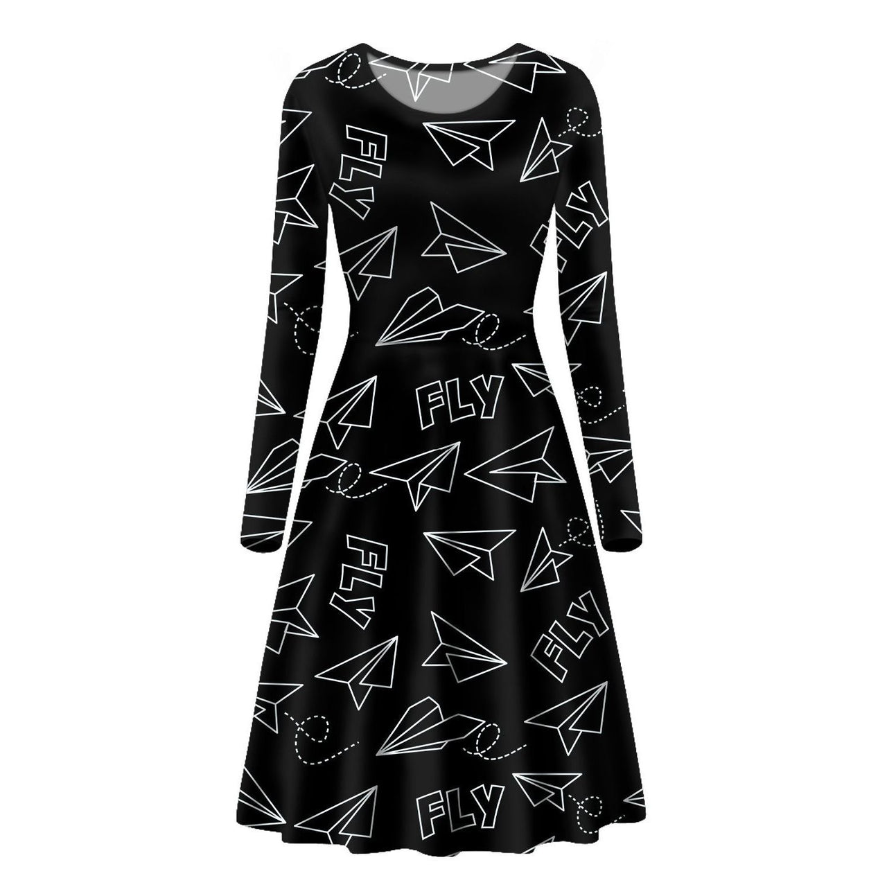 Paper Airplane & Fly Black Designed Long Sleeve Women Midi Dress