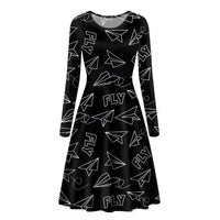 Thumbnail for Paper Airplane & Fly Black Designed Long Sleeve Women Midi Dress