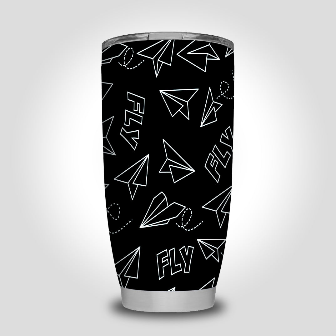 Paper Airplane & Fly Black Designed Tumbler Travel Mugs