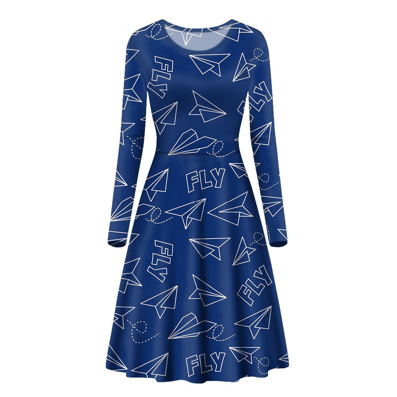 Paper Airplane & Fly (Blue) Designed Long Sleeve Women Midi Dress