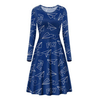 Thumbnail for Paper Airplane & Fly (Blue) Designed Long Sleeve Women Midi Dress