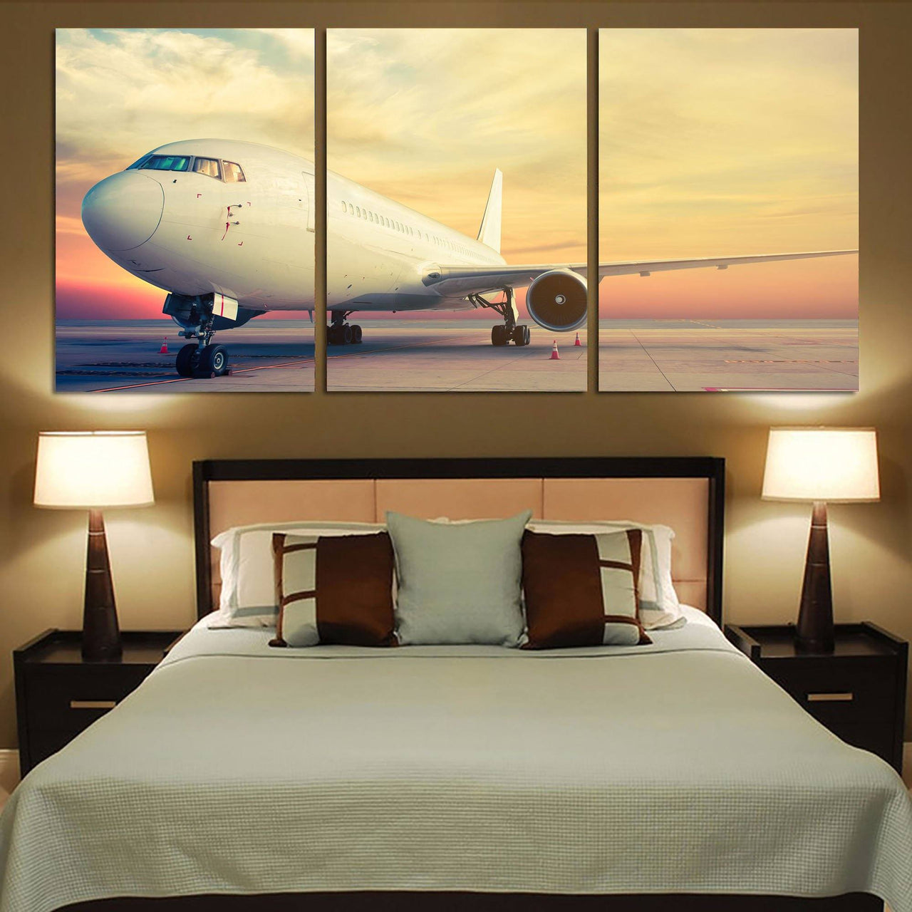 Parked Aircraft During Sunset Printed Canvas Posters (3 Pieces) Aviation Shop 