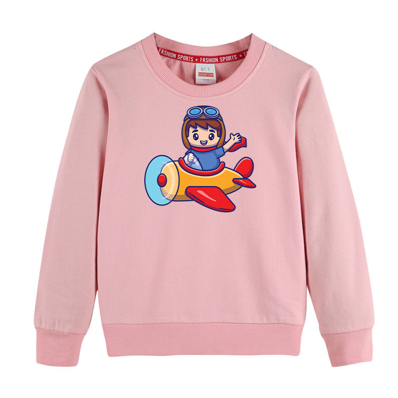 Cute Boy Driving Plane Cartoon Designed "CHILDREN" Sweatshirts