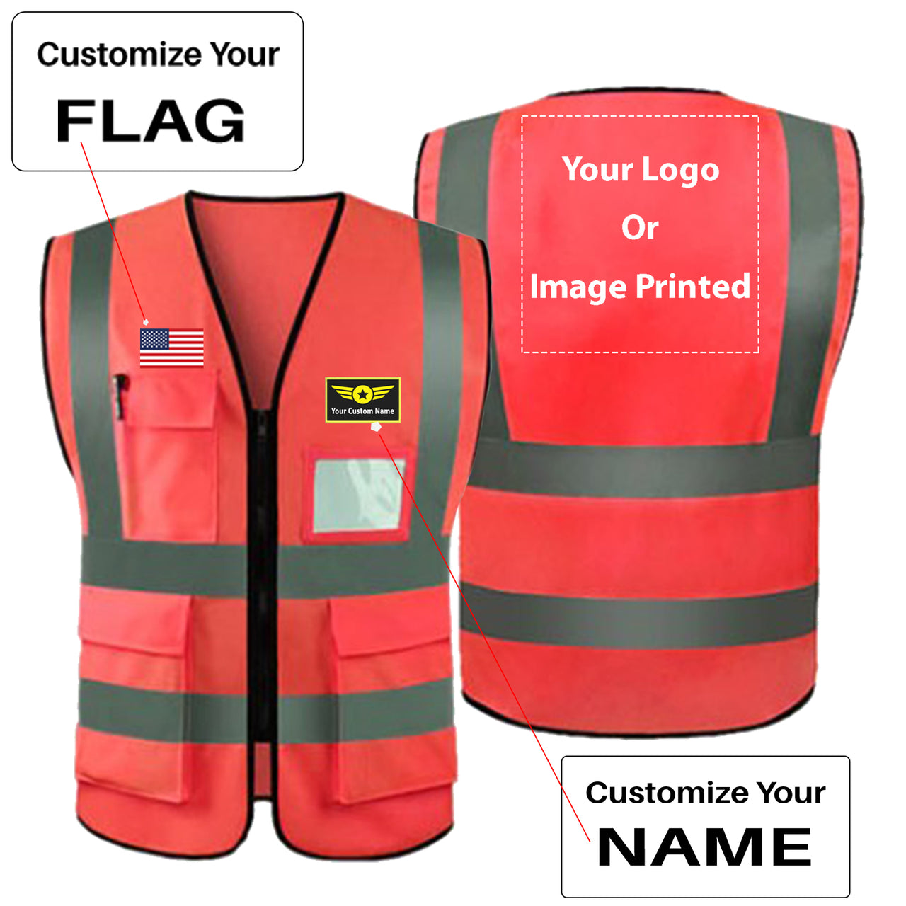 Custom Your Name & Flag & Logo (1) Designed Reflective Vests
