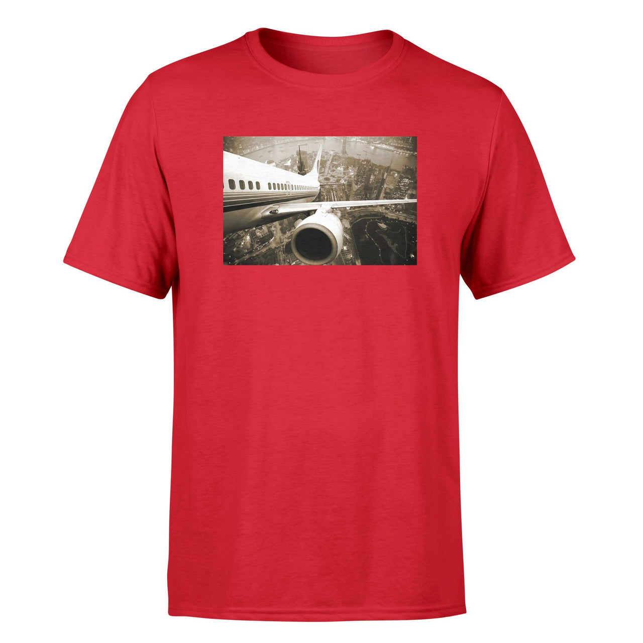 Departing Aircraft & City Scene behind Designed T-Shirts