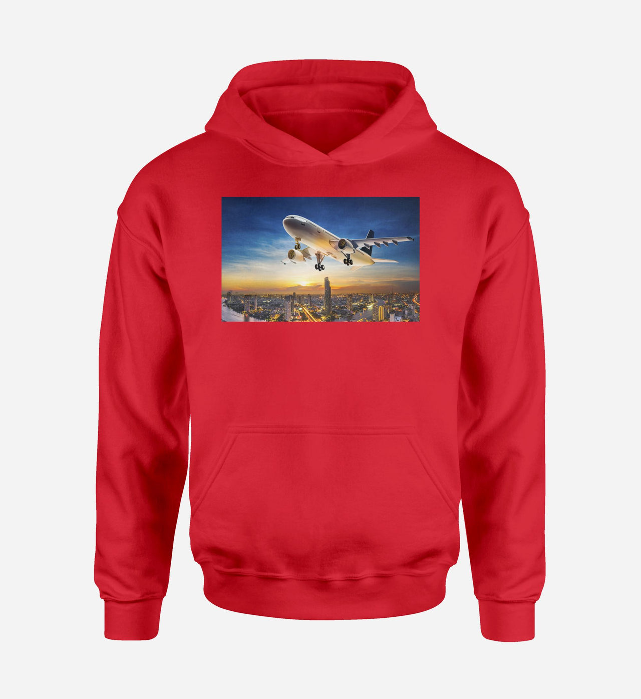 Super Aircraft over City at Sunset Designed Hoodies
