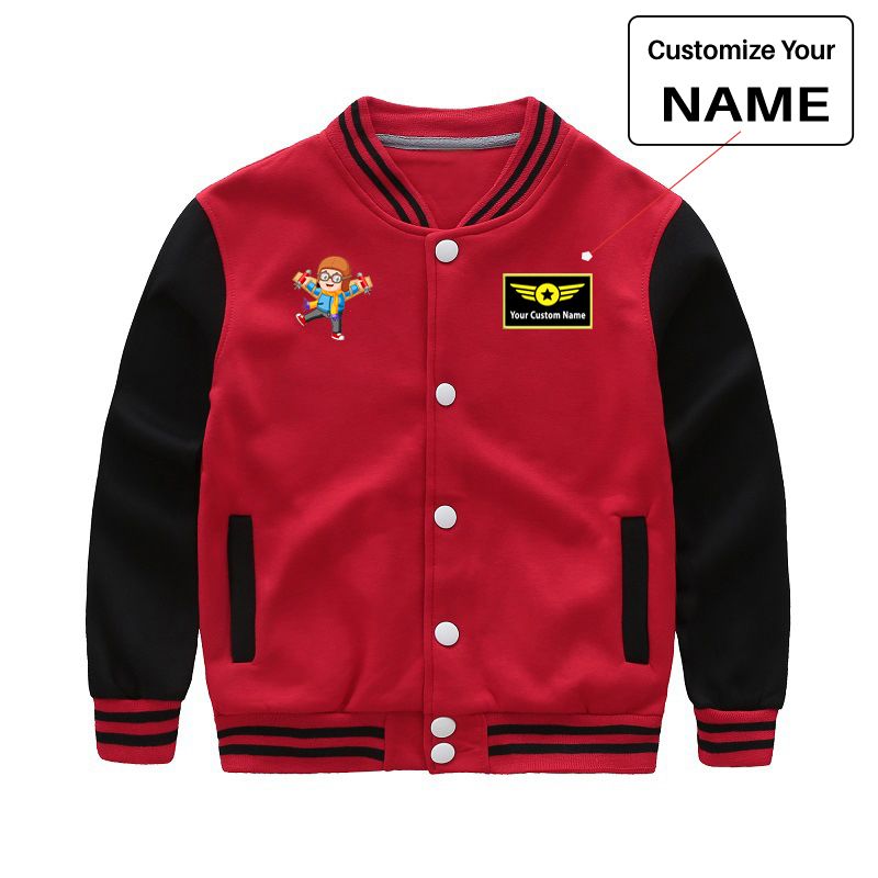 Cute Little Boy Pilot Costume Playing With Wings Designed "CHILDREN" Baseball Jackets