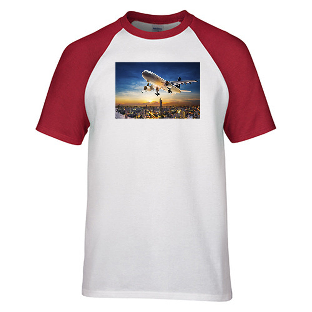 Super Aircraft over City at Sunset Designed Raglan T-Shirts
