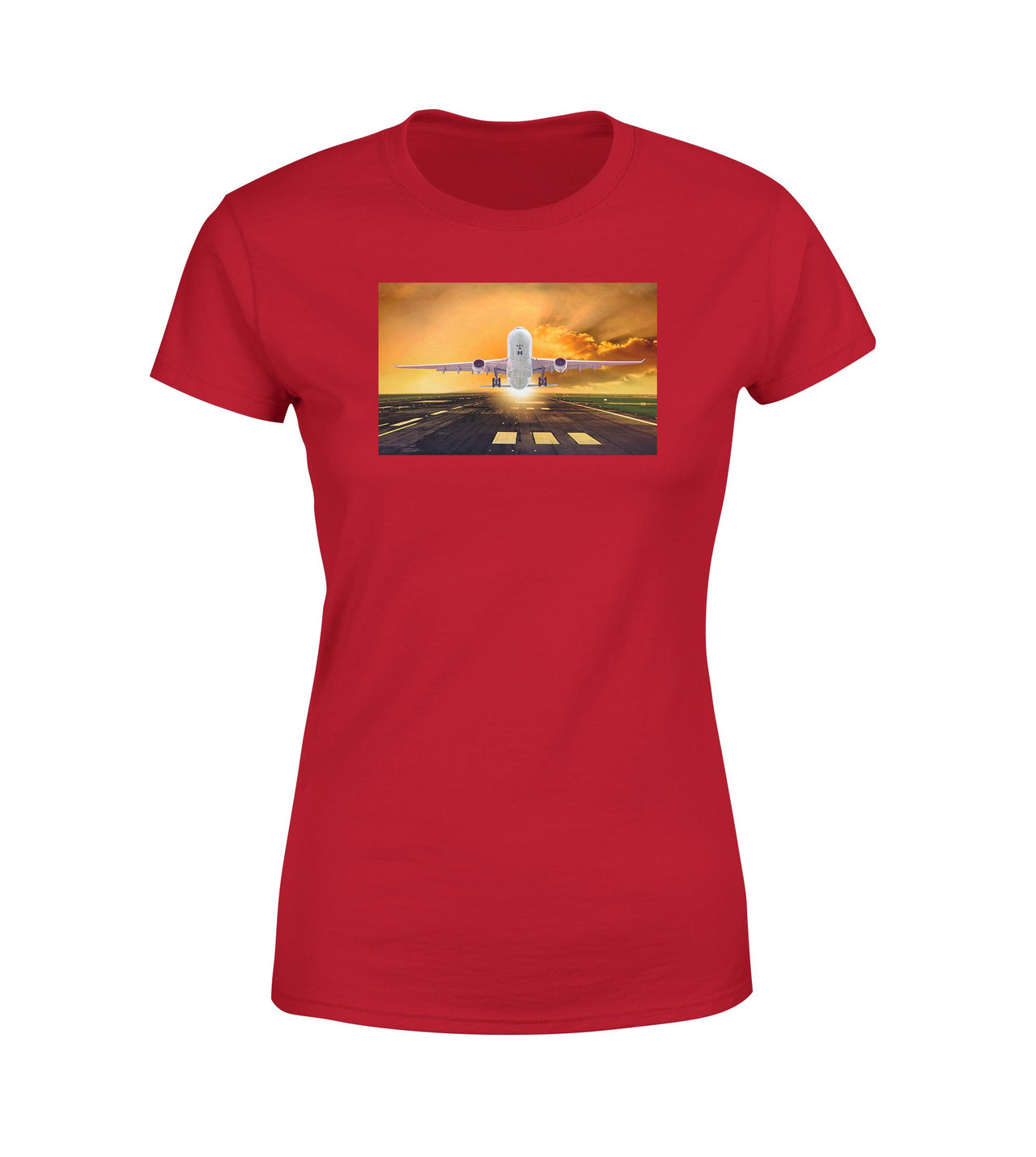 Amazing Departing Aircraft Sunset & Clouds Behind Designed Women T-Shirts