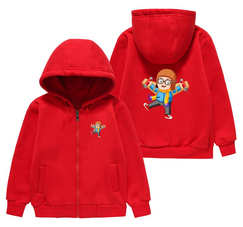 Cute Little Boy Pilot Costume Playing With Wings Designed "CHILDREN" Zipped Hoodies