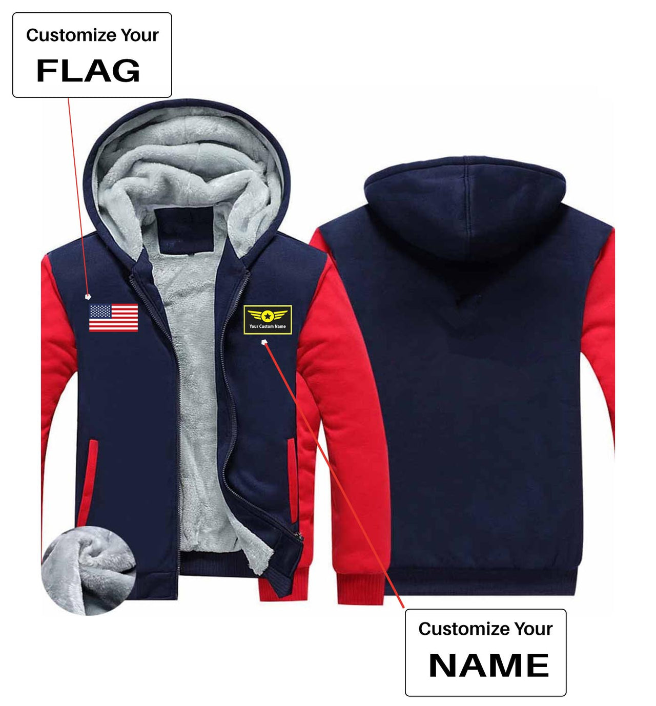 Your Custom Name & Flag (Special Badge) Designed Zipped Sweatshirts