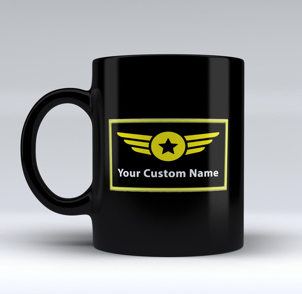 Custom Name "Special Badge" Designed Black Mugs