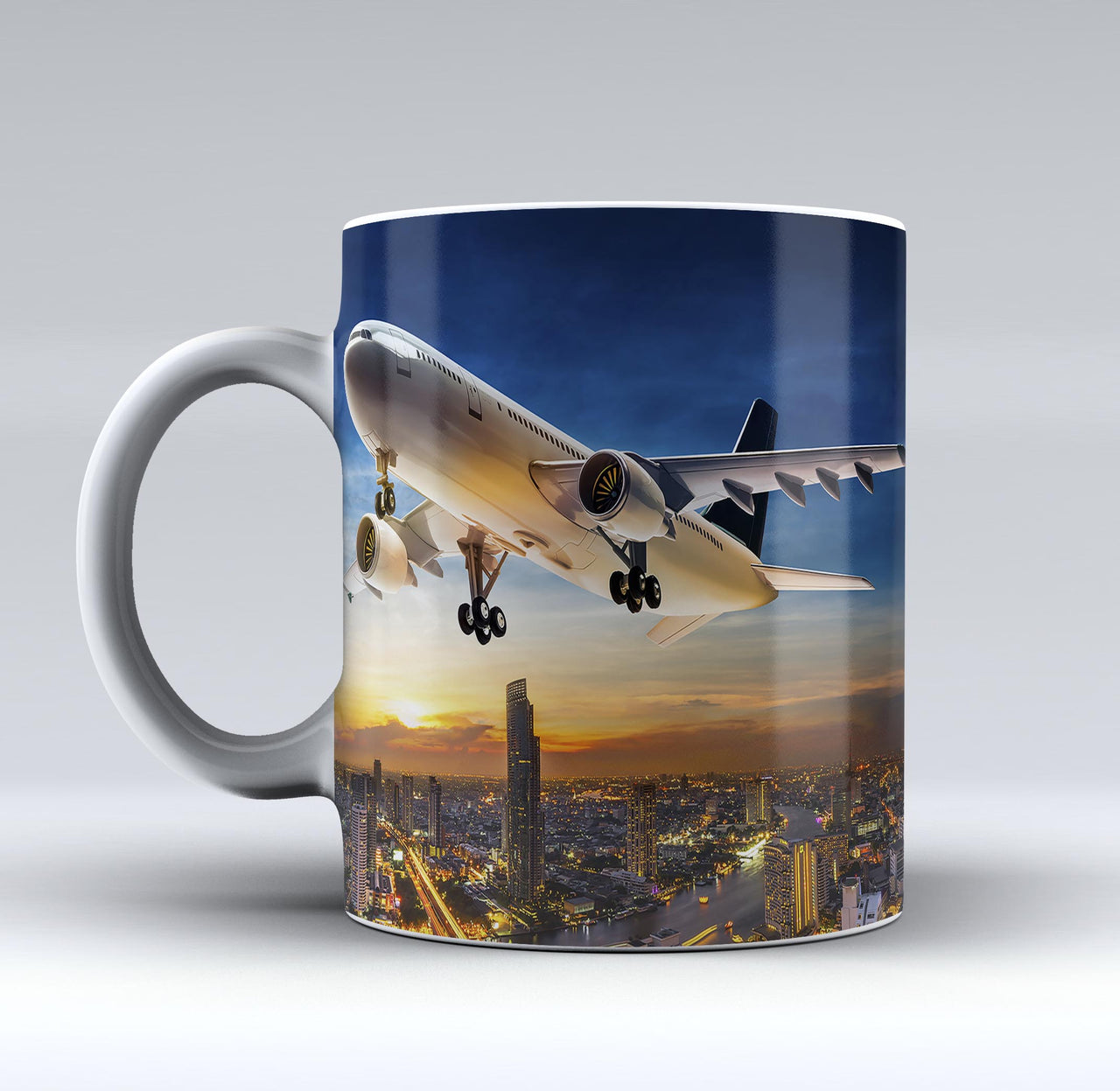 Super Aircraft over City at Sunset Designed Mugs
