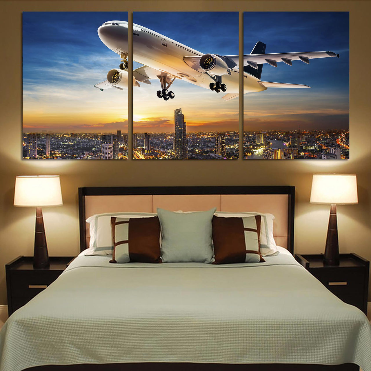 Super Aircraft over City at Sunset Printed Canvas Posters (3 Pieces)
