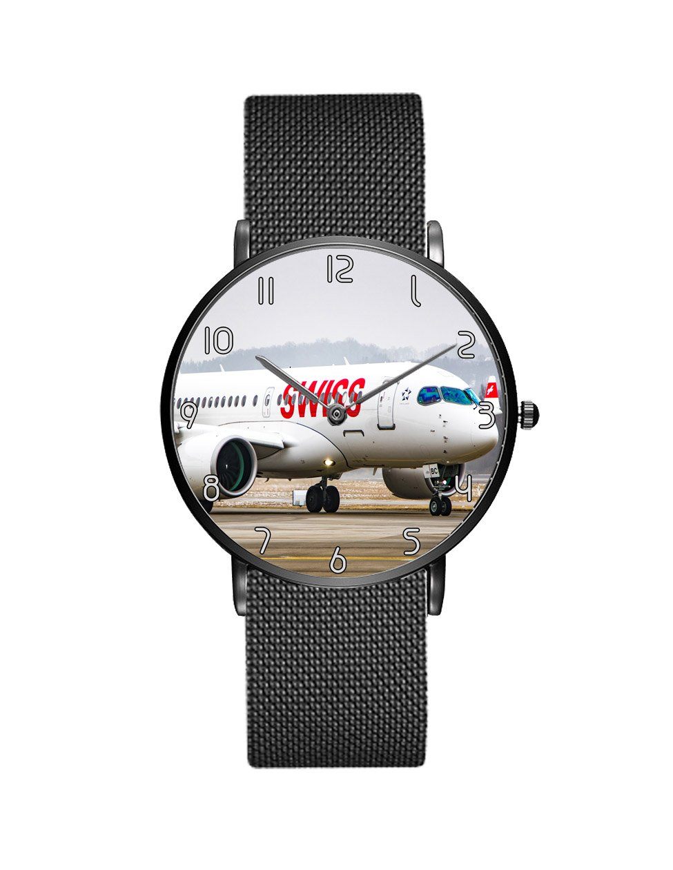 Swiss Airlines Bombardier CS100 Stainless Steel Strap Watches Aviation Shop Black & Stainless Steel Strap 