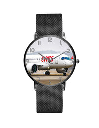 Thumbnail for Swiss Airlines Bombardier CS100 Stainless Steel Strap Watches Aviation Shop Black & Stainless Steel Strap 