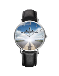 Thumbnail for Taking Off Aircraft Printed Leather Strap Watches Aviation Shop Silver & Black Leather Strap 