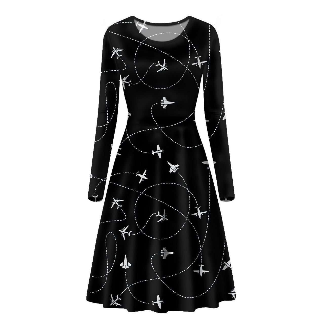 Travel The World By Plane (Black) Designed Long Sleeve Women Midi Dress