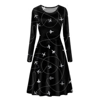 Thumbnail for Travel The World By Plane (Black) Designed Long Sleeve Women Midi Dress