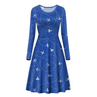 Thumbnail for Travel The World By Plane (Blue) Designed Long Sleeve Women Midi Dress