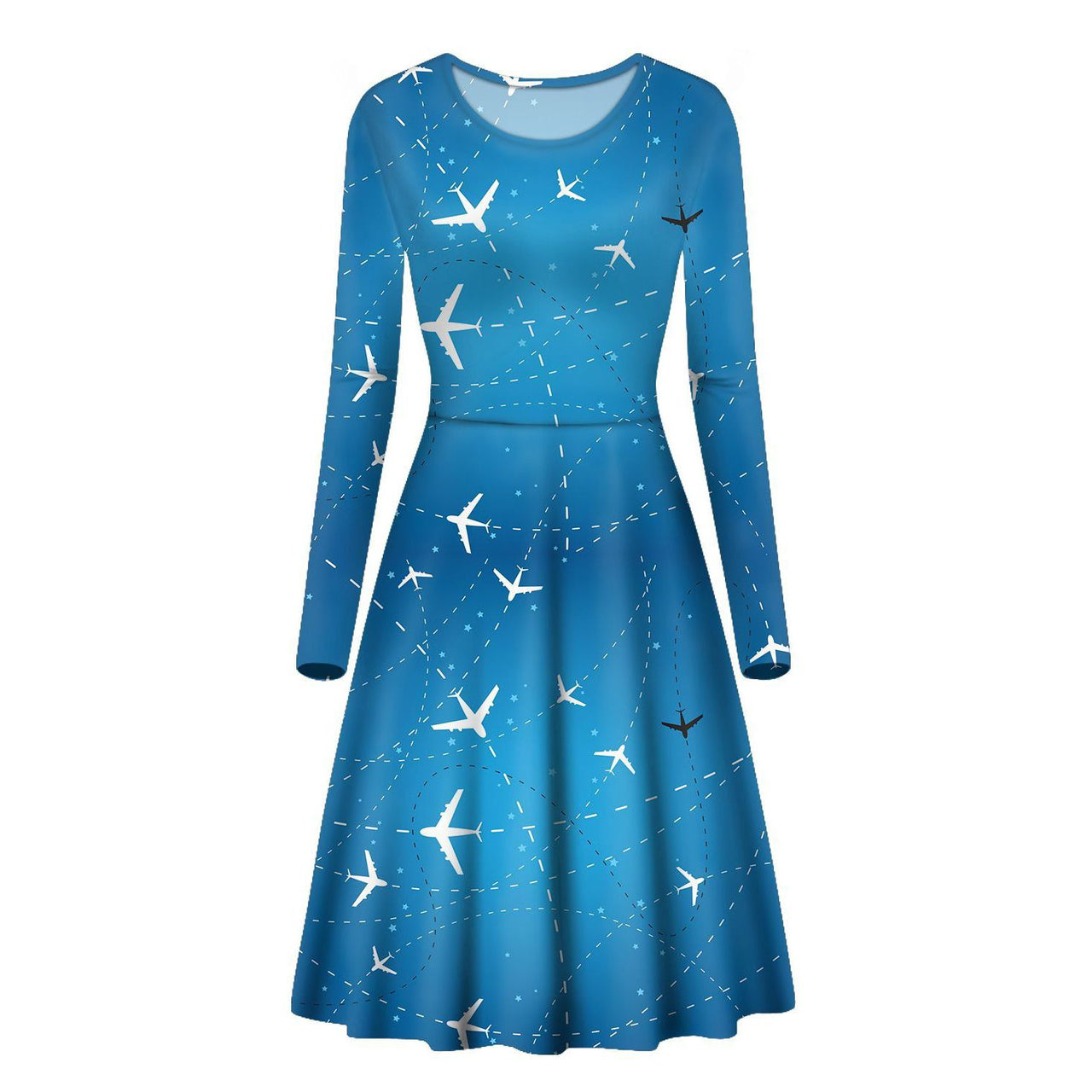 Travelling with Aircraft Designed Long Sleeve Women Midi Dress