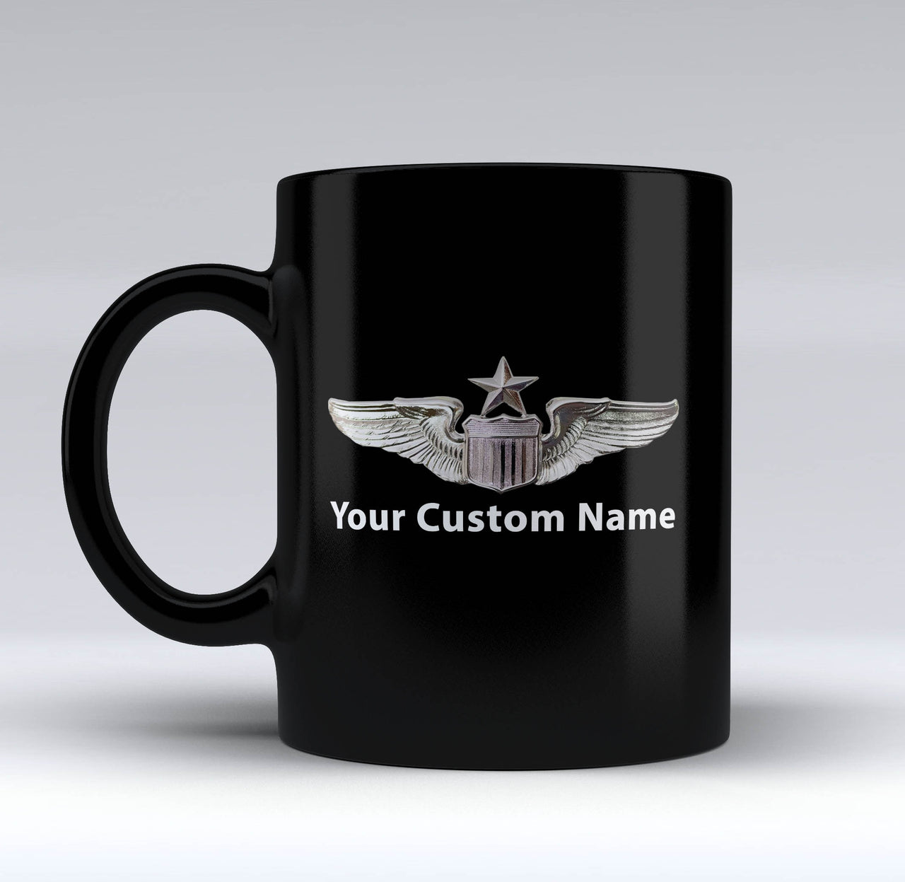 Custom Name "US Air Force & Star" Designed Black Mugs