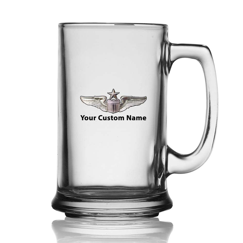 Custom Name "US Air Force & Star" Designed Beer Glass with Holder