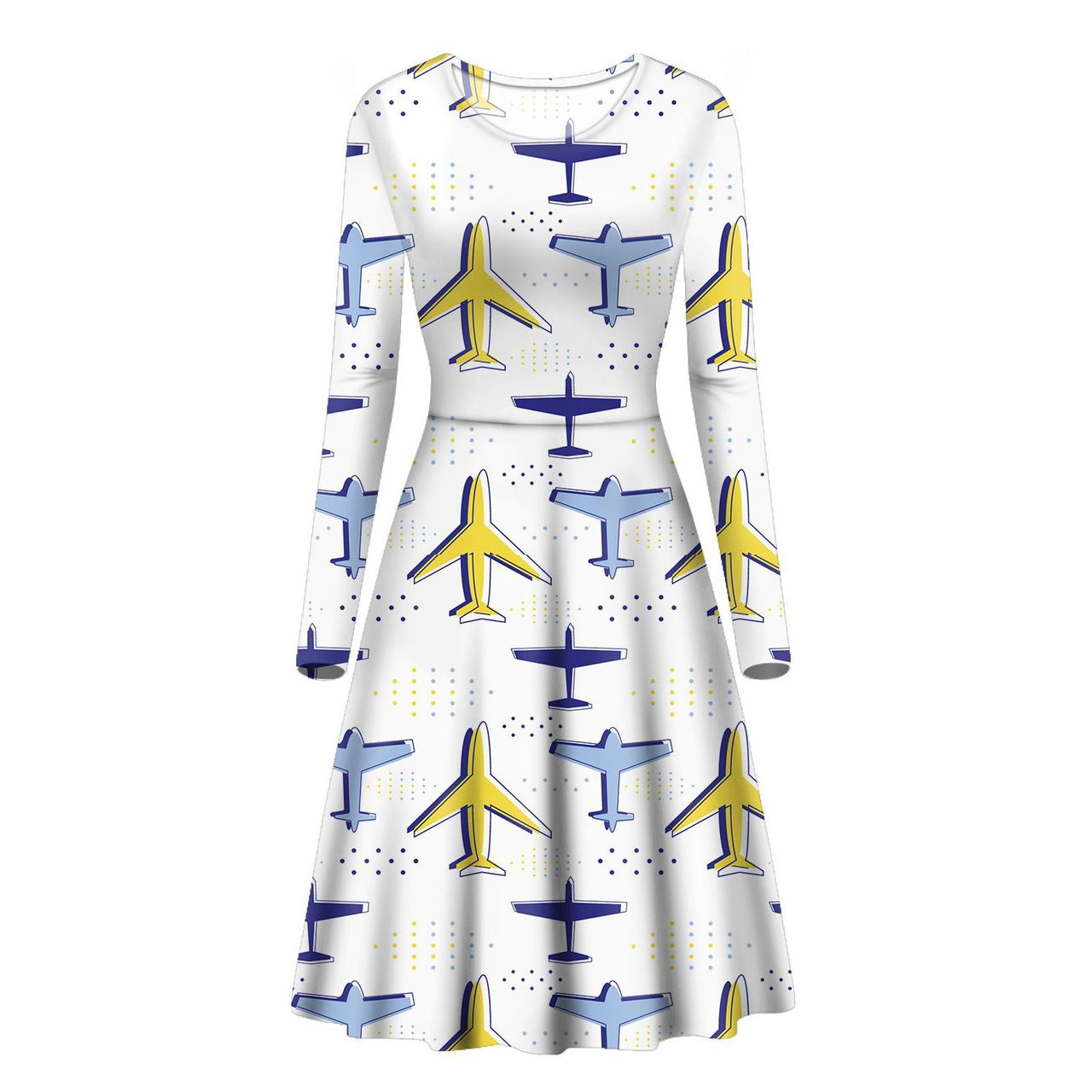 Very Colourful Airplanes Designed Long Sleeve Women Midi Dress