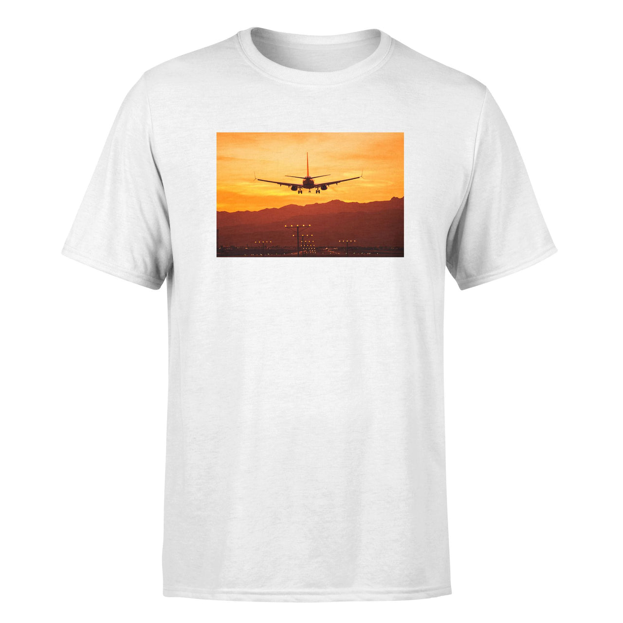 Landing Aircraft During Sunset Designed T-Shirts