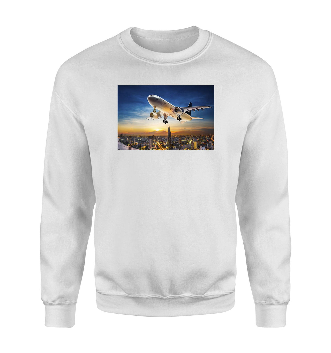 Super Aircraft over City at Sunset Designed Sweatshirts