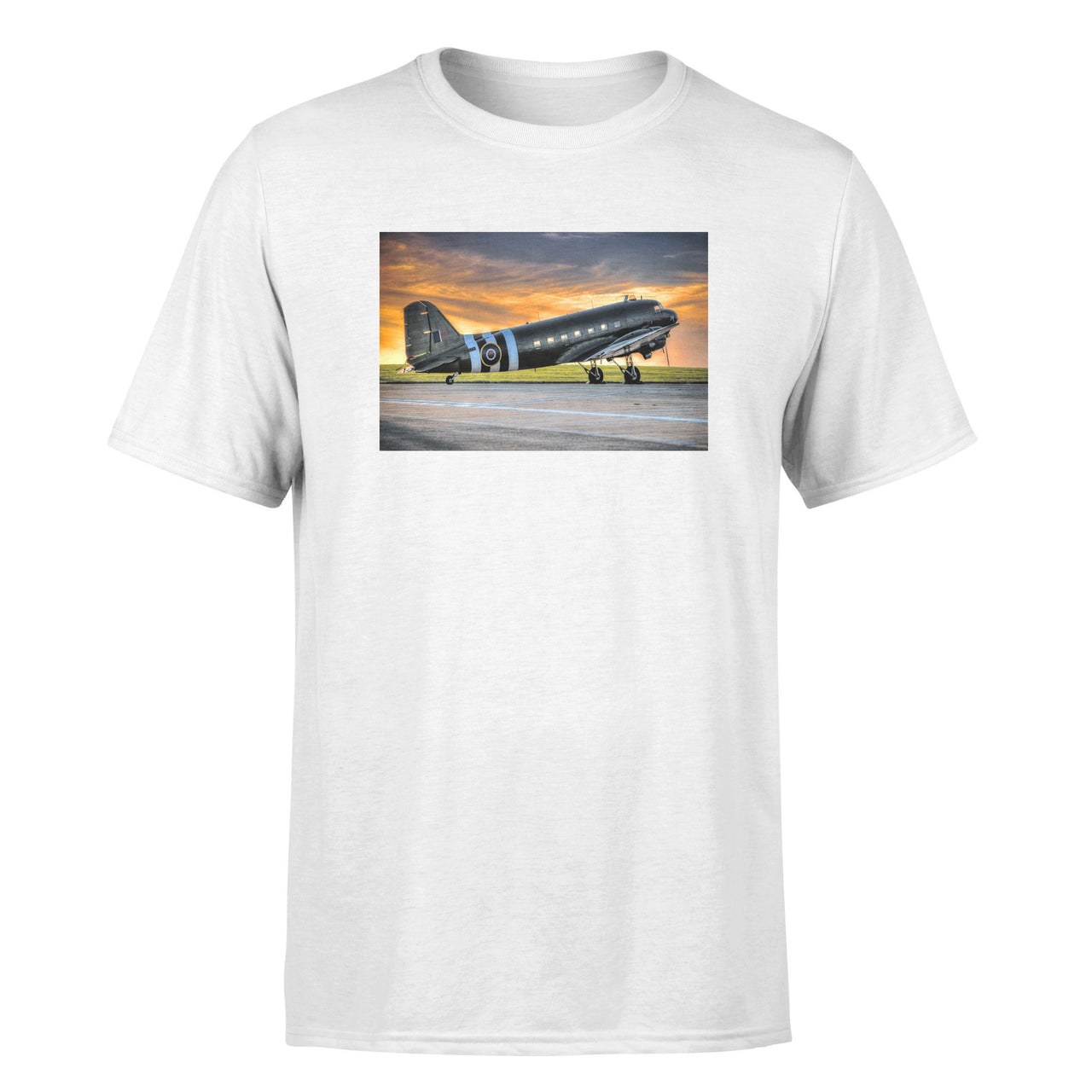 Old Airplane Parked During Sunset Designed T-Shirts