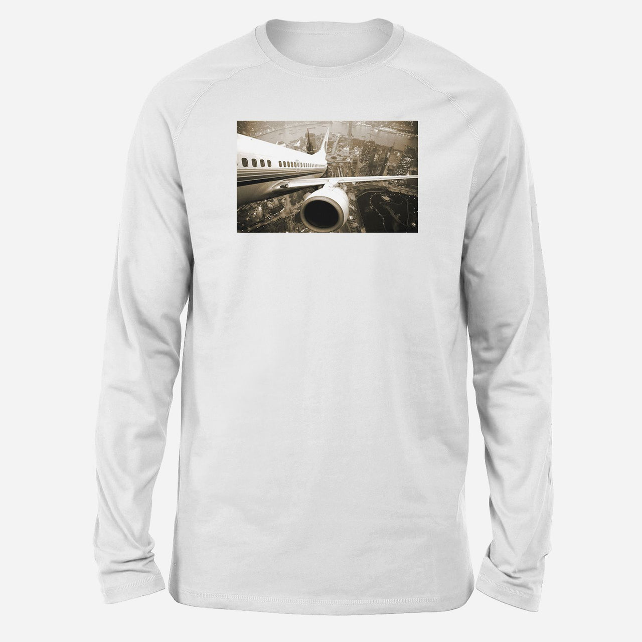 Departing Aircraft & City Scene behind Designed Long-Sleeve T-Shirts