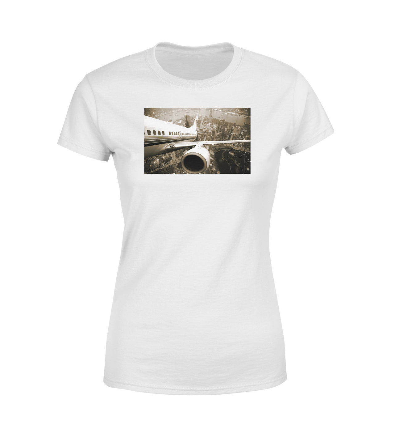 Departing Aircraft & City Scene behind Designed Women T-Shirts