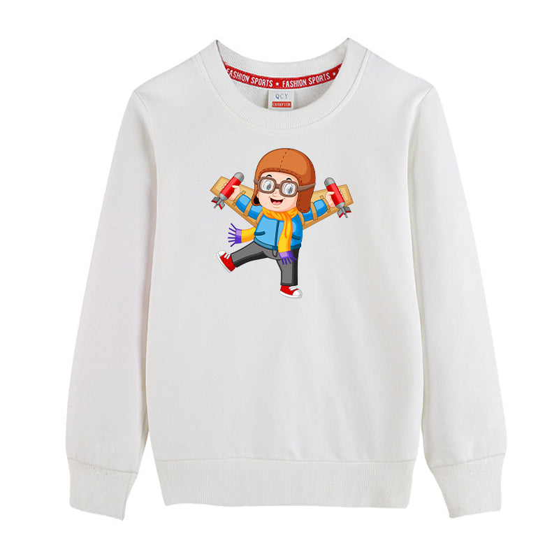 Cute Little Boy Pilot Costume Playing With Wings Designed "CHILDREN" Sweatshirts