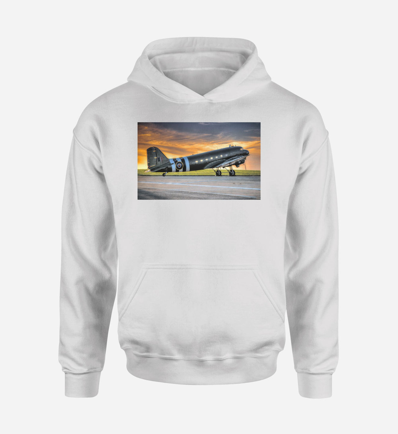 Old Airplane Parked During Sunset Designed Hoodies