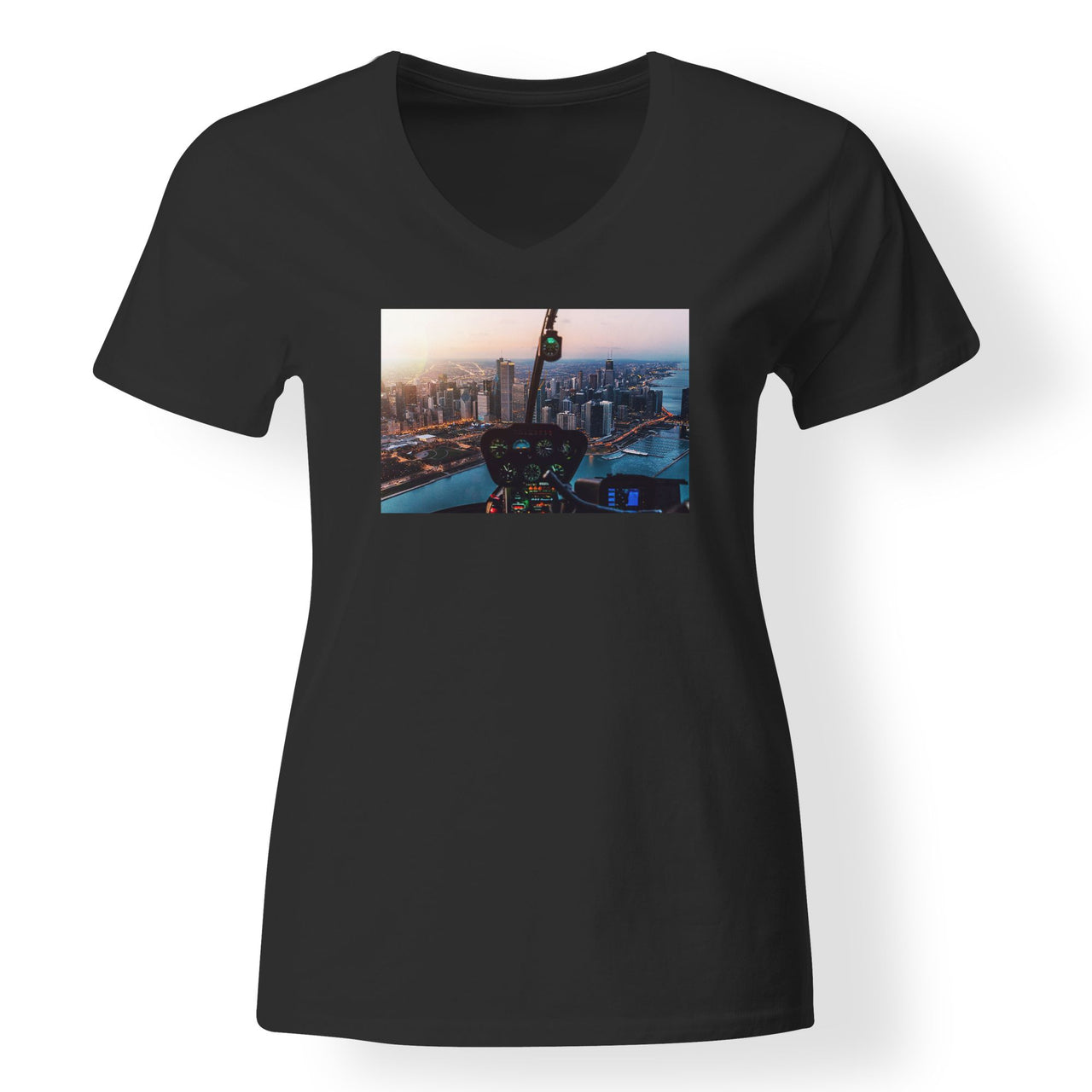 Amazing City View from Helicopter Cockpit Designed V-Neck T-Shirts