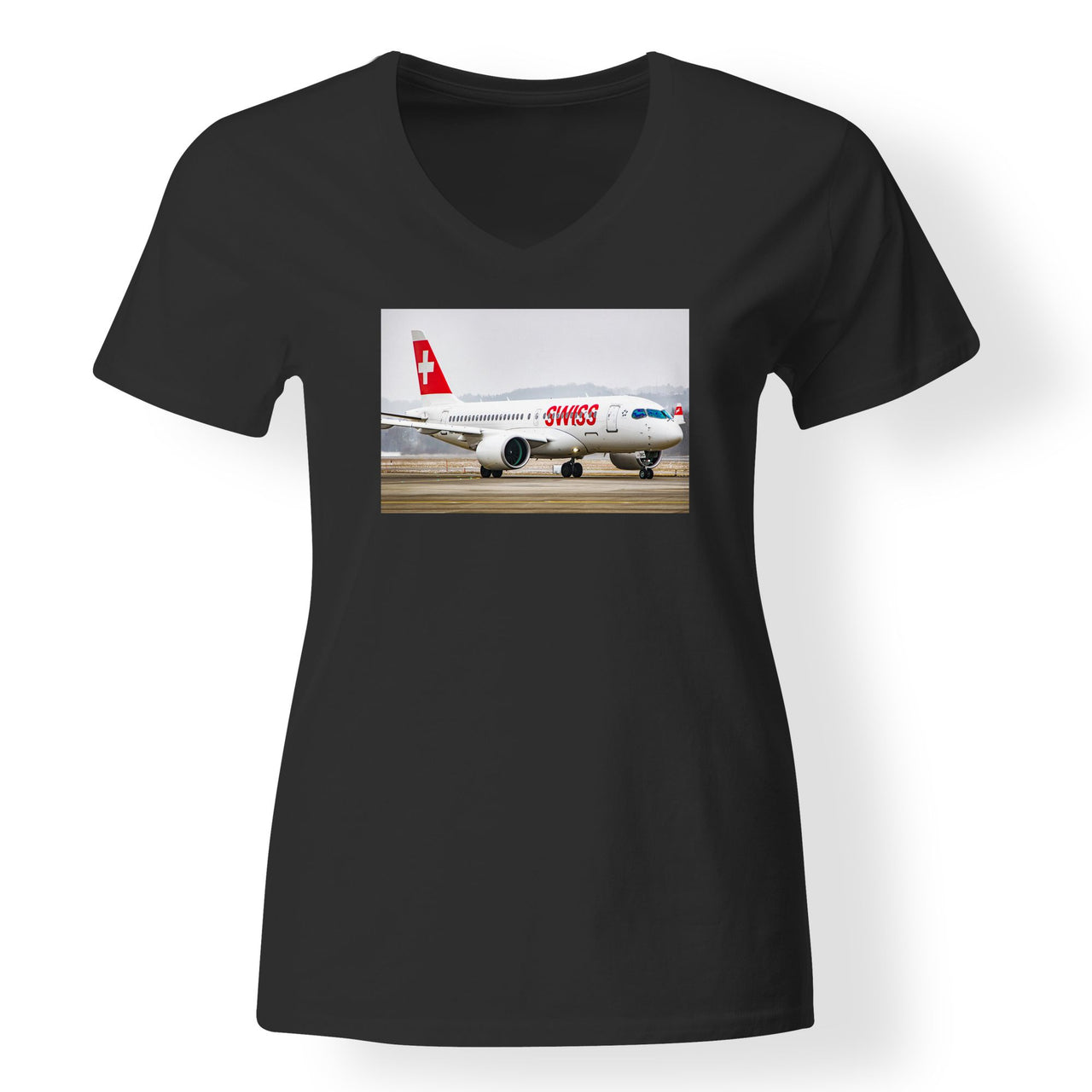 Swiss Airlines Bombardier CS100 Designed V-Neck T-Shirts