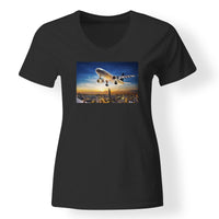 Thumbnail for Super Aircraft over City at Sunset Designed V-Neck T-Shirts