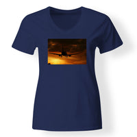 Thumbnail for Beautiful Aircraft Landing at Sunset Designed V-Neck T-Shirts