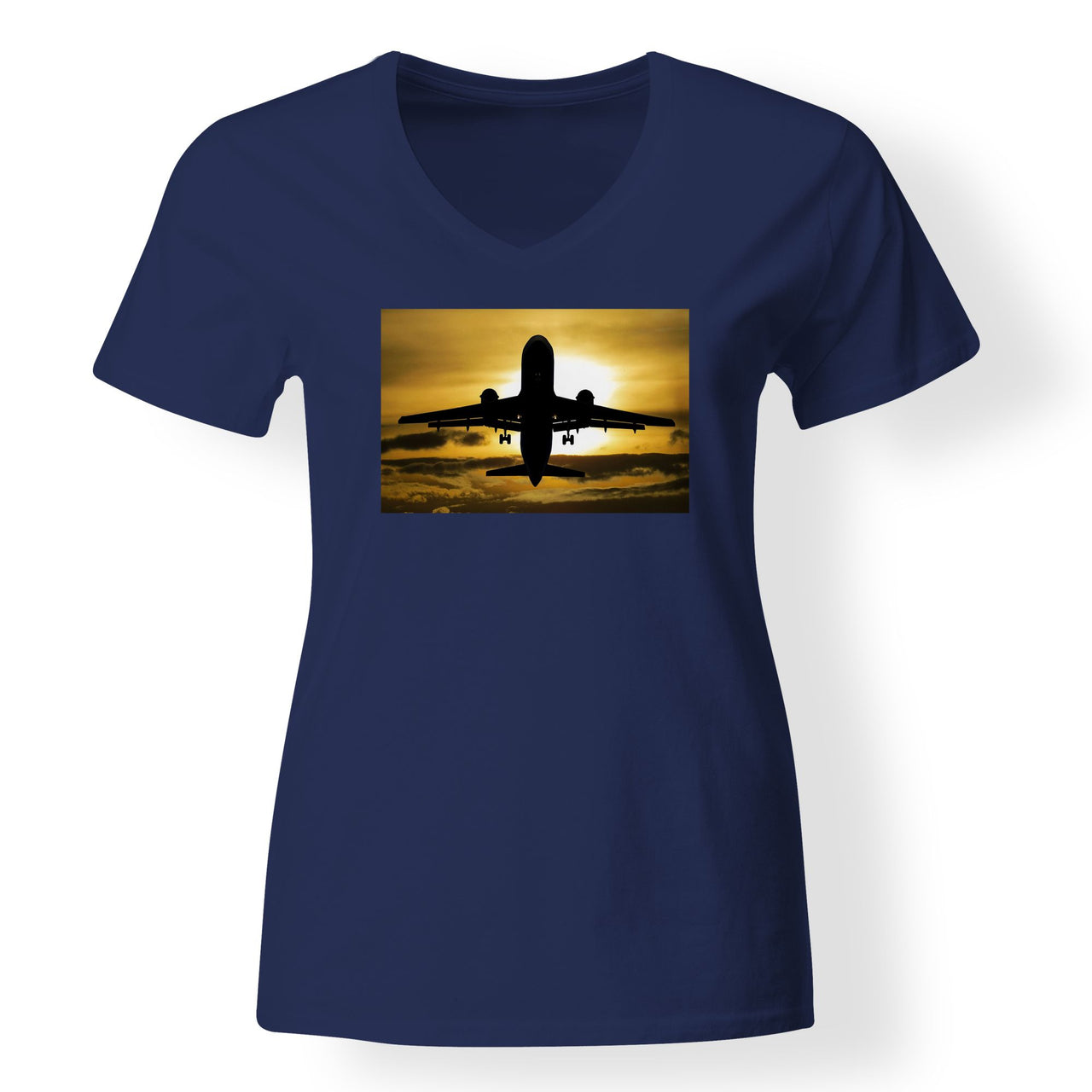Departing Passanger Jet During Sunset Designed V-Neck T-Shirts