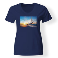 Thumbnail for Airliner Jet Cruising over Clouds Designed V-Neck T-Shirts